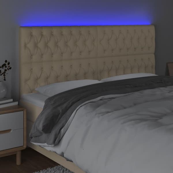 vidaXL sengegavl med LED-lys 180x7x118/128 cm stof cremefarvet