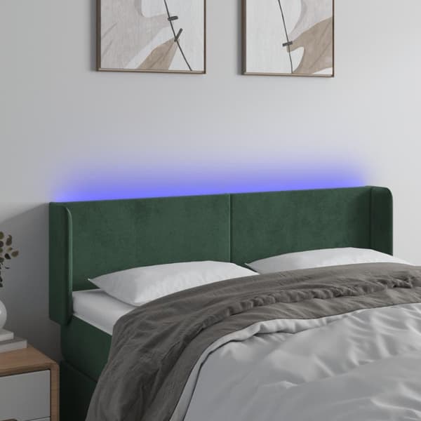 vidaXL sengegavl med LED-lys 147x16x78/88 cm fløjl mørkegrøn
