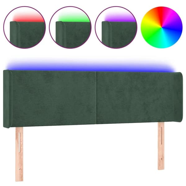 vidaXL sengegavl med LED-lys 147x16x78/88 cm fløjl mørkegrøn