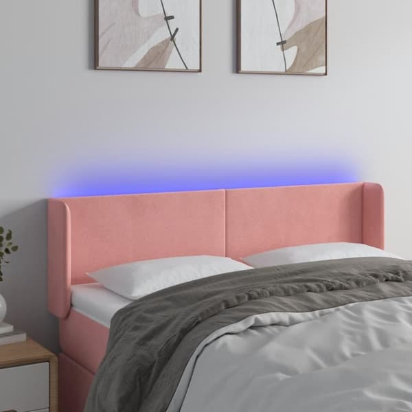 vidaXL sengegavl med LED-lys 147x16x78/88 cm fløjl lyserød