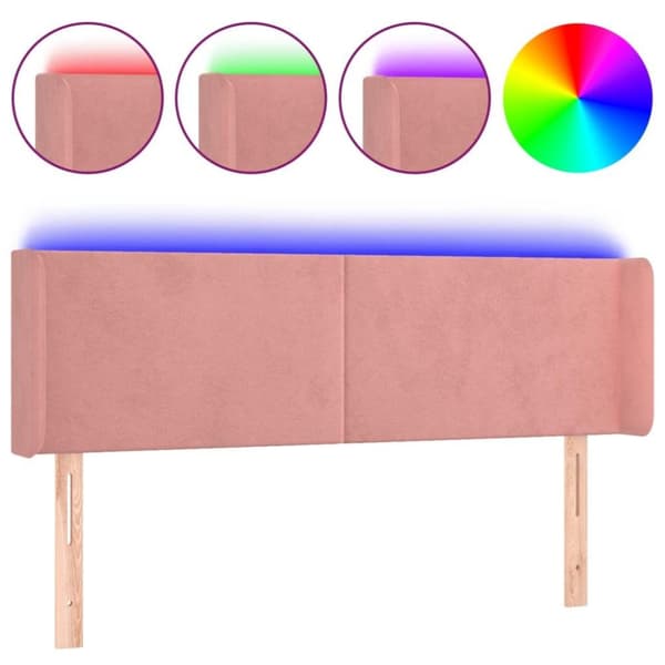 vidaXL sengegavl med LED-lys 147x16x78/88 cm fløjl lyserød