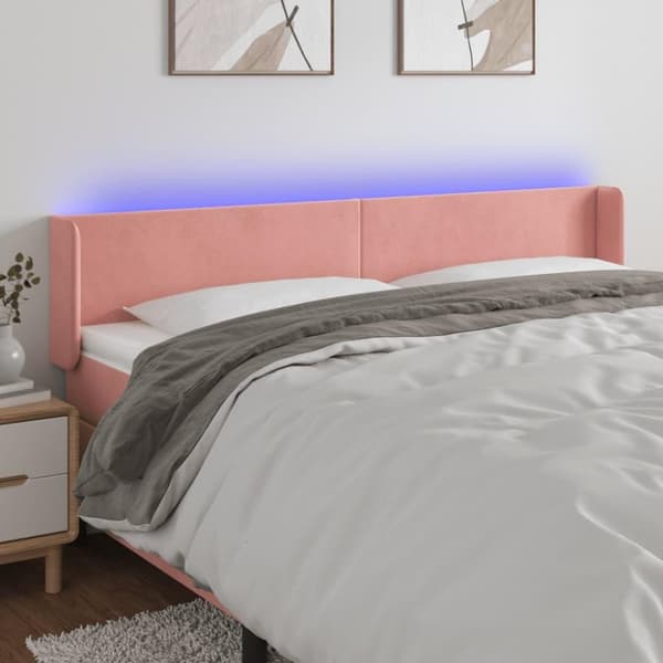 vidaXL sengegavl med LED-lys 183x16x78/88 cm fløjl lyserød