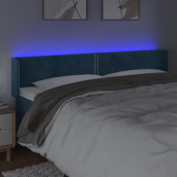vidaXL sengegavl med LED-lys 163x16x78/88 cm fløjl mørkeblå