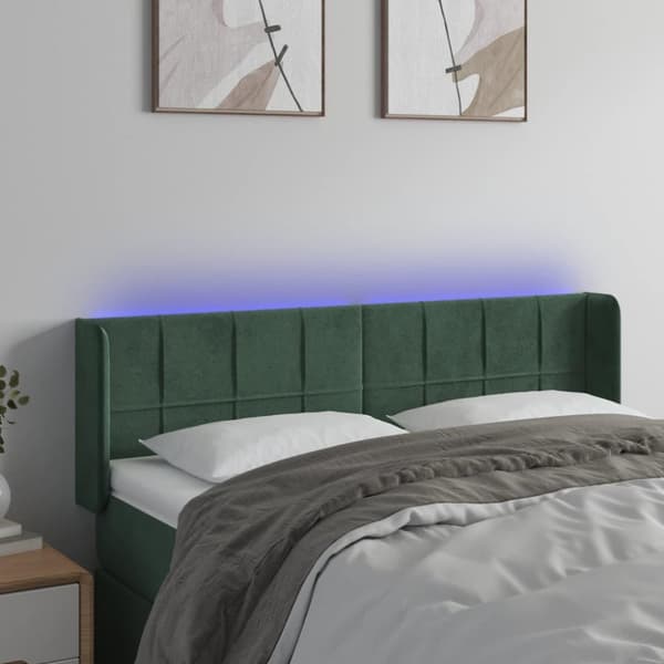 vidaXL sengegavl med LED-lys 147x16x78/88 cm fløjl mørkegrøn
