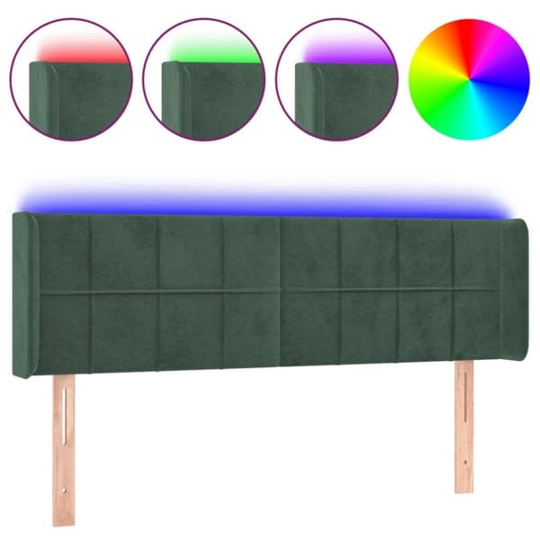 vidaXL sengegavl med LED-lys 147x16x78/88 cm fløjl mørkegrøn