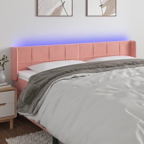 vidaXL sengegavl med LED-lys 183x16x78/88 cm fløjl lyserød