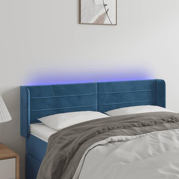 vidaXL sengegavl med LED-lys 147x16x78/88 cm fløjl mørkeblå