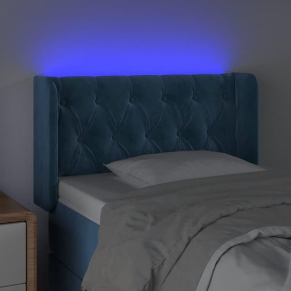 vidaXL sengegavl med LED-lys 83x16x78/88 cm stof Mørkeblå