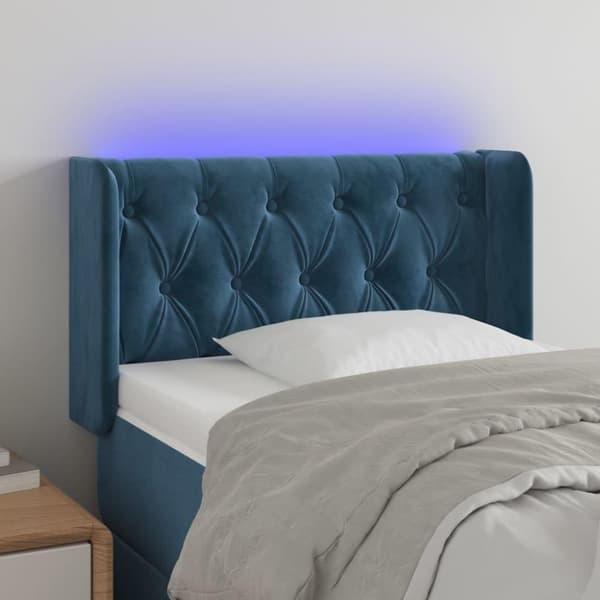 vidaXL sengegavl med LED-lys 83x16x78/88 cm stof Mørkeblå