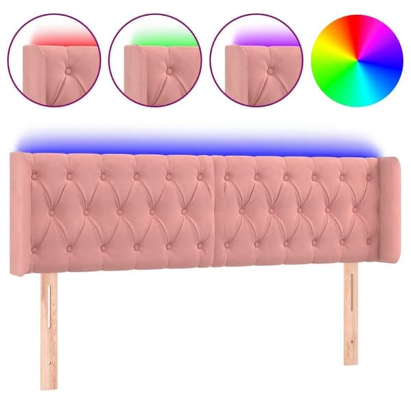 vidaXL sengegavl med LED-lys 163x16x78/88 cm fløjl lyserød