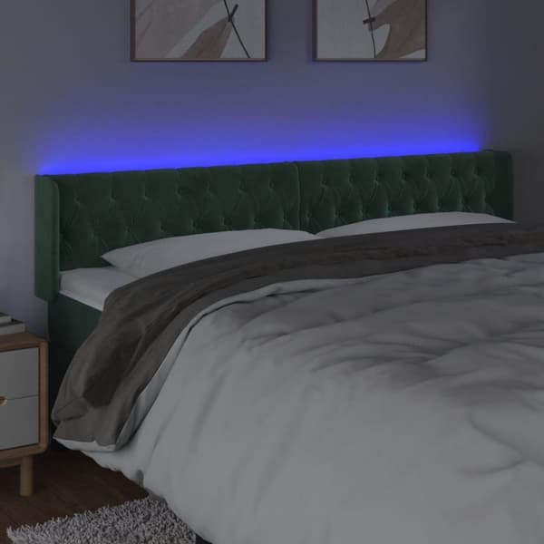 vidaXL sengegavl med LED-lys 183x16x78/88 cm fløjl mørkegrøn