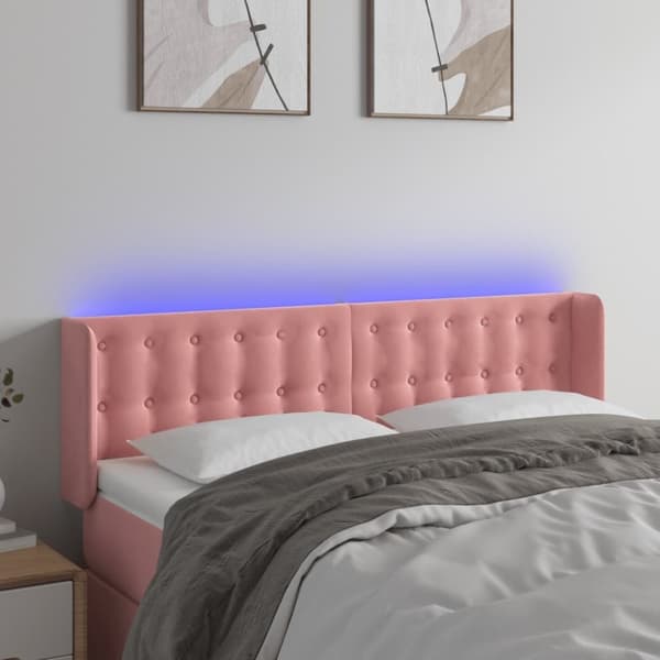 vidaXL sengegavl med LED-lys 147x16x78/88 cm fløjl lyserød