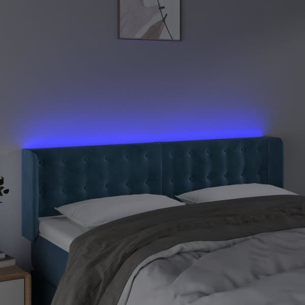 vidaXL sengegavl med LED-lys 147x16x78/88 cm fløjl mørkeblå