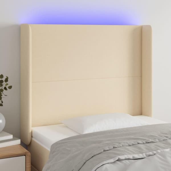 vidaXL sengegavl med LED-lys 83x16x118/128 cm stof cremefarvet