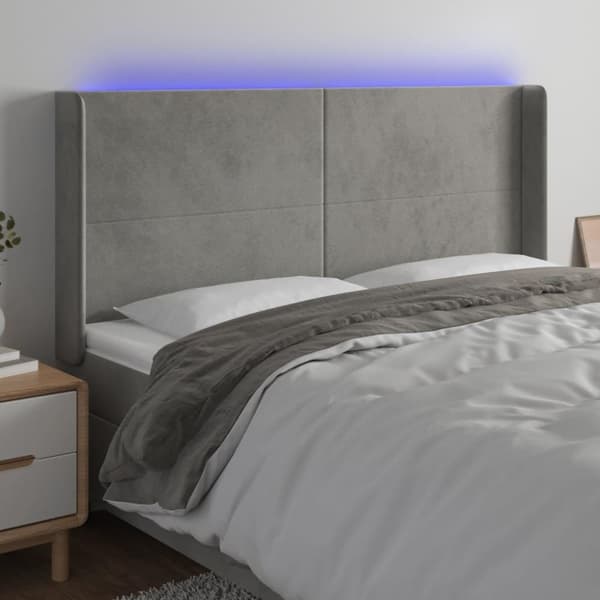 vidaXL sengegavl med LED-lys 203x16x118/128 cm fløjl lysegrå