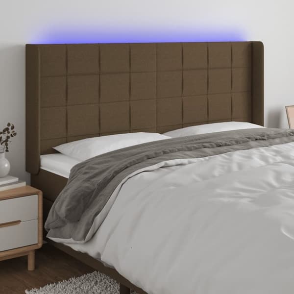 vidaXL sengegavl med LED-lys 163x16x118/128 cm stof mørkebrun