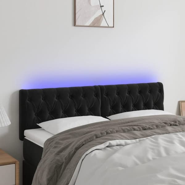 vidaXL sengegavl med LED-lys 144x7x78/88 cm velour sort
