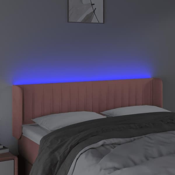 vidaXL sengegavl med LED-lys 147x16x78/88 cm fløjl lyserød