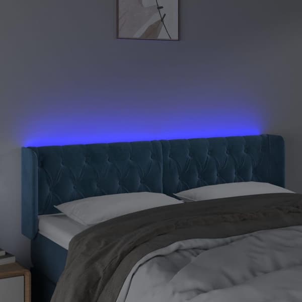 vidaXL sengegavl med LED-lys 147x16x78/88 cm fløjl mørkeblå