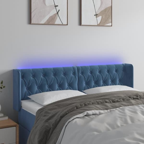 vidaXL sengegavl med LED-lys 147x16x78/88 cm fløjl mørkeblå