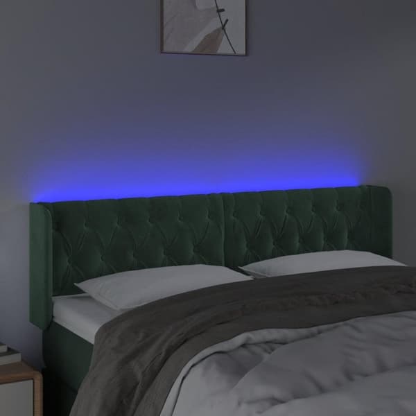 vidaXL sengegavl med LED-lys 147x16x78/88 cm fløjl mørkegrøn
