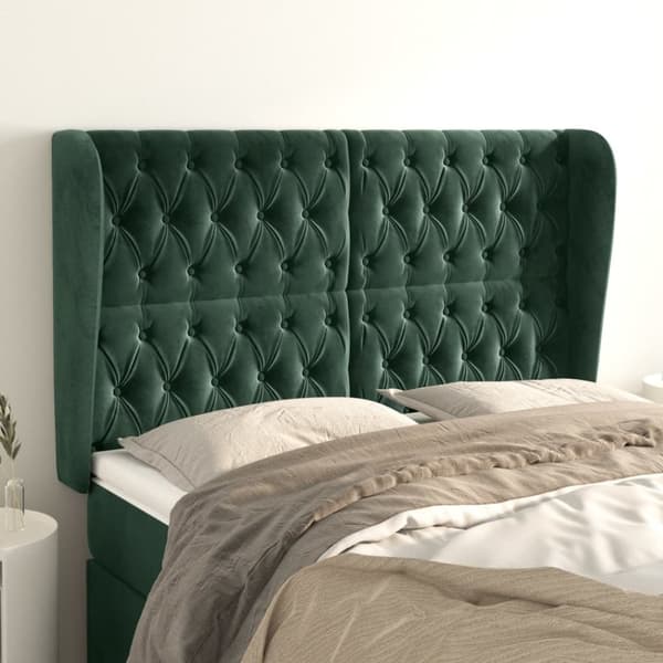 vidaXL sengegavl med kanter 147x23x118/128 cm fløjl mørkegrøn