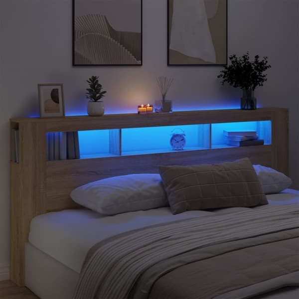 vidaXL Sängynpääty LED-valoilla Sonoma-tammi 220x18,5x103,5 cm puu