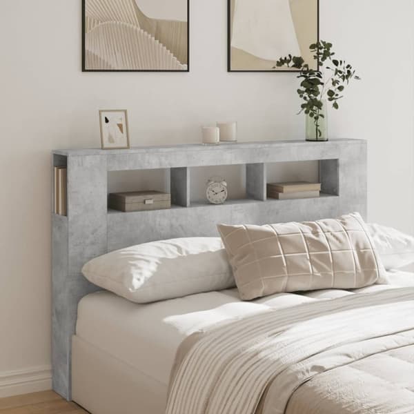 vidaXL Sängynpääty LED-valoilla betoninharmaa 160x18,5x103,5 cm puu