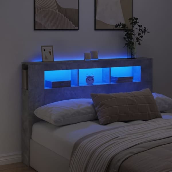 vidaXL Sängynpääty LED-valoilla betoninharmaa 160x18,5x103,5 cm puu