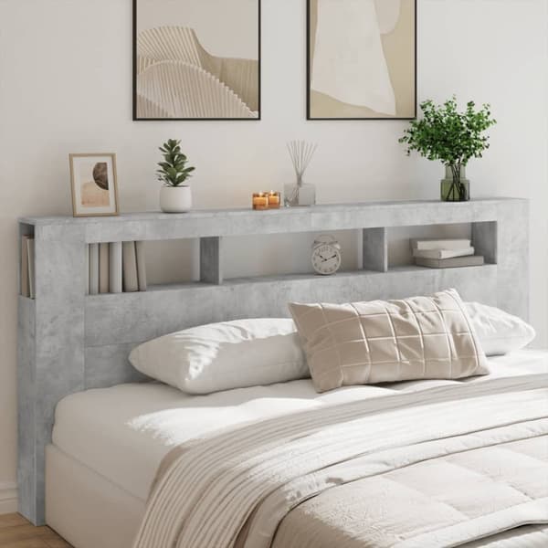 vidaXL Sängynpääty LED-valoilla betoninharmaa 220x18,5x103,5 cm puu