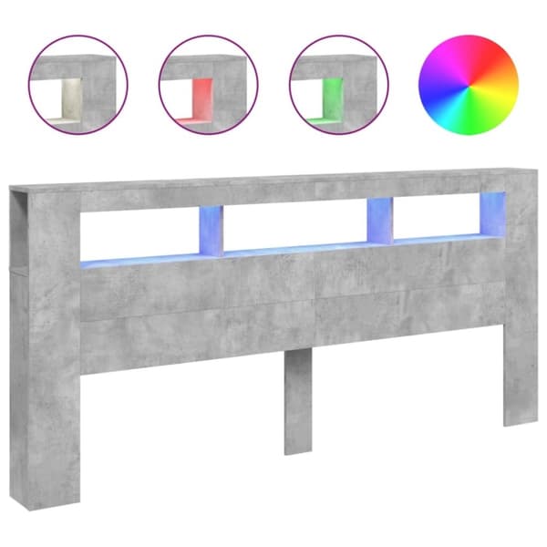vidaXL Sängynpääty LED-valoilla betoninharmaa 220x18,5x103,5 cm puu