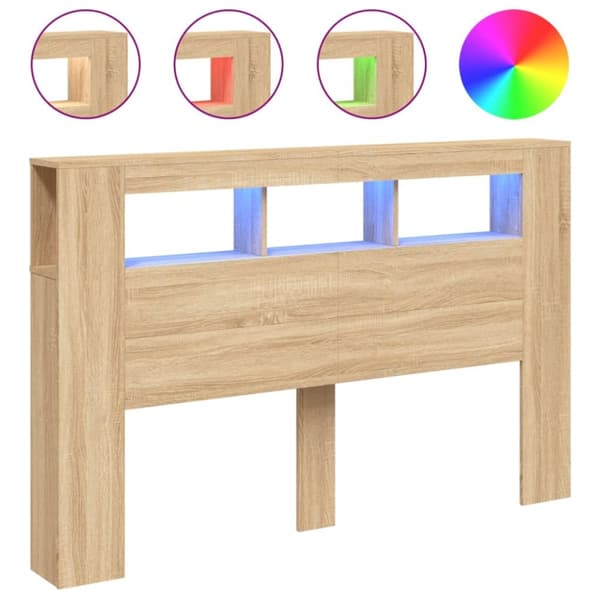 vidaXL sengegavl 160x18,5x103,5 cm LED-lys konstrueret træ sonoma-eg