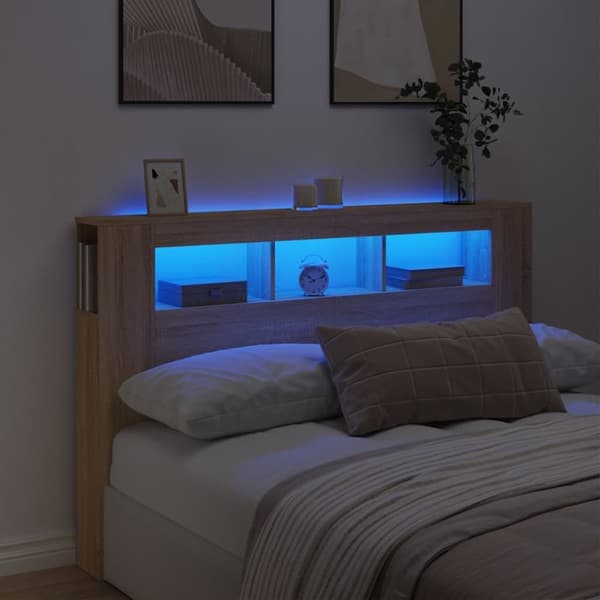 vidaXL sengegavl 160x18,5x103,5 cm LED-lys konstrueret træ sonoma-eg