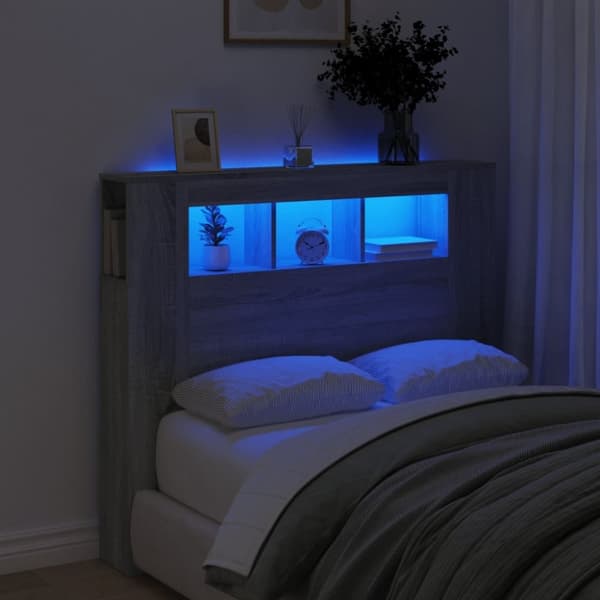 vidaXL Sengegavl med LED grå sonoma 120x18,5x103,5 cm konstruert tre