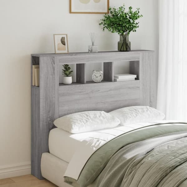 vidaXL sengegavl 120x18,5x103,5 cm LED-lys konstrueret træ grå sonoma