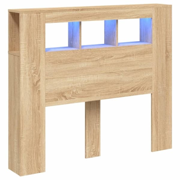 vidaXL sengegavl 120x18,5x103,5 cm LED-lys konstrueret træ sonoma-eg