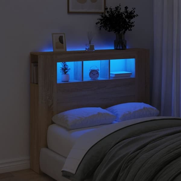 vidaXL sengegavl 120x18,5x103,5 cm LED-lys konstrueret træ sonoma-eg