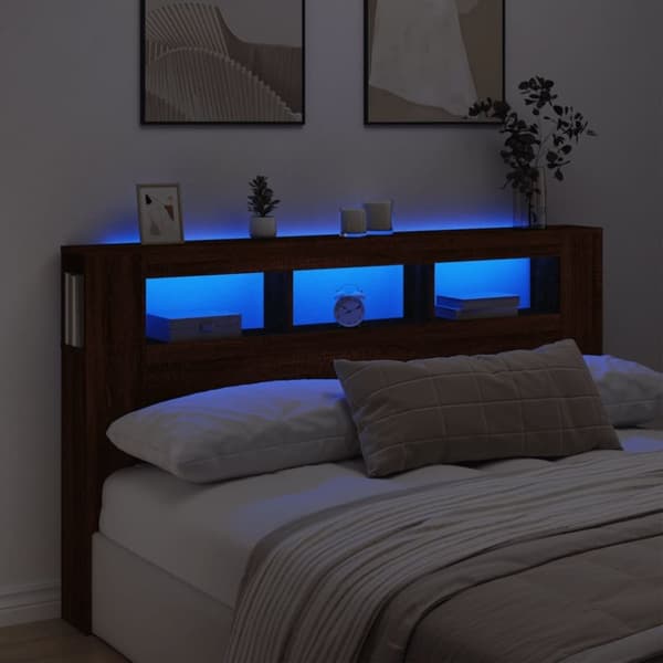 vidaXL sengegavl m. LED-lys 180x18,5x103,5 cm konstrueret træ brunt eg