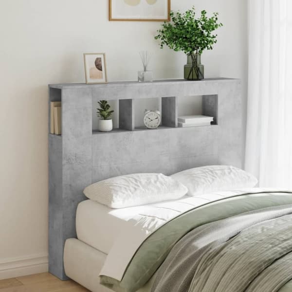 vidaXL Sängynpääty LED-valoilla betoninharmaa 120x18,5x103,5 cm puu