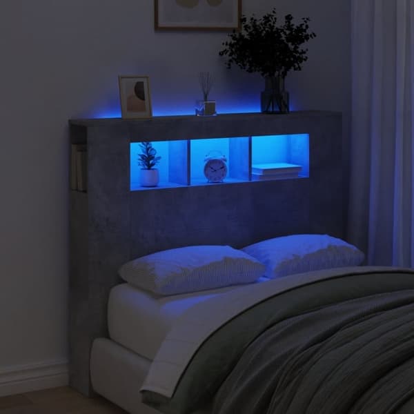 vidaXL Sängynpääty LED-valoilla betoninharmaa 120x18,5x103,5 cm puu