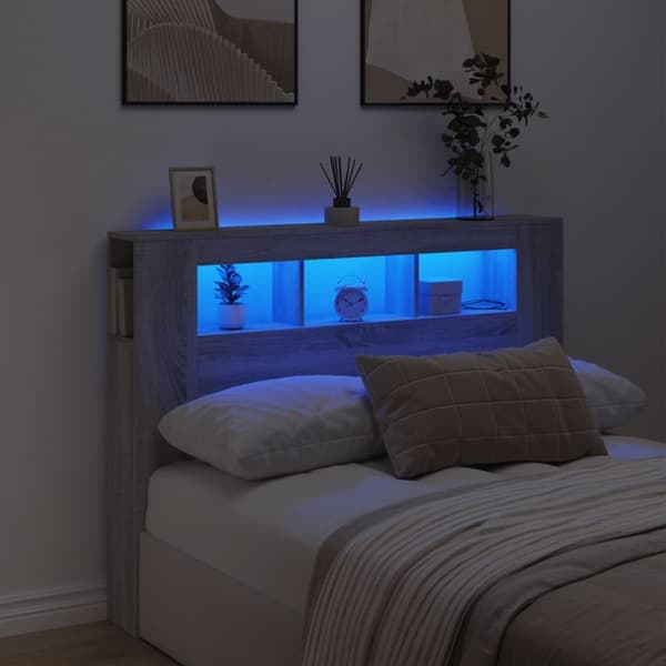 vidaXL Sängynpääty LED-valoilla harmaa Sonoma 140x18,5x103,5 cm puu