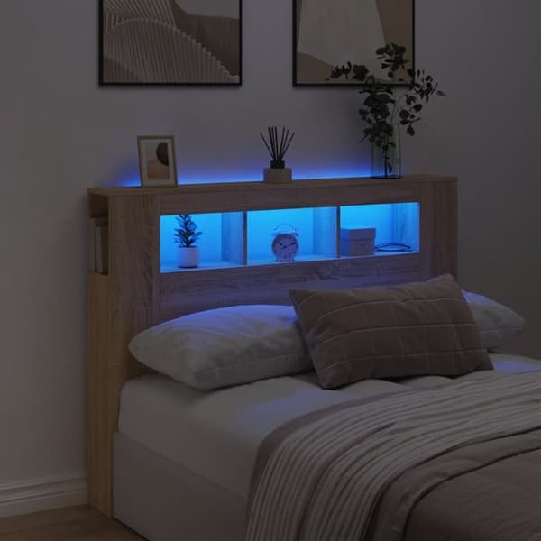 vidaXL Sängynpääty LED-valoilla Sonoma-tammi 140x18,5x103,5 cm puu