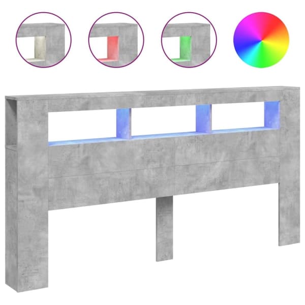 vidaXL Sängynpääty LED-valoilla betoninharmaa 200x18,5x103,5 cm puu