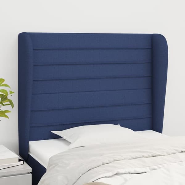 sengegavl med kanter 103x23x118/128 cm stof blå