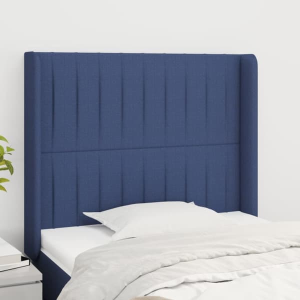 sengegavl med kanter 103x16x118/128 cm stof blå