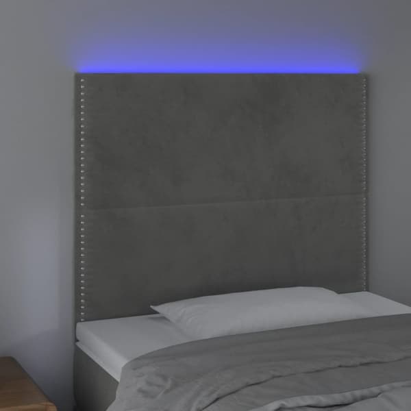sengegavl med LED-lys 80x5x118/128 cm fløjl lysegrå