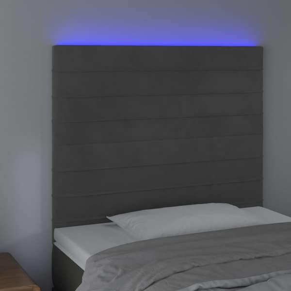 sengegavl med LED-lys 100x5x118/128 cm fløjl mørkegrå