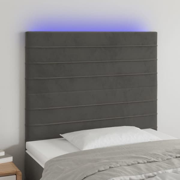 sengegavl med LED-lys 100x5x118/128 cm fløjl mørkegrå
