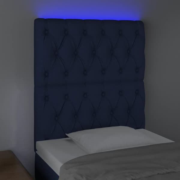Sängyn pääty LED-valolla, sininen, 80x7x118/128 cm, kangas