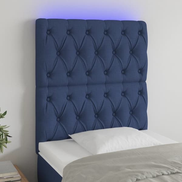 Sängyn pääty LED-valolla, sininen, 80x7x118/128 cm, kangas